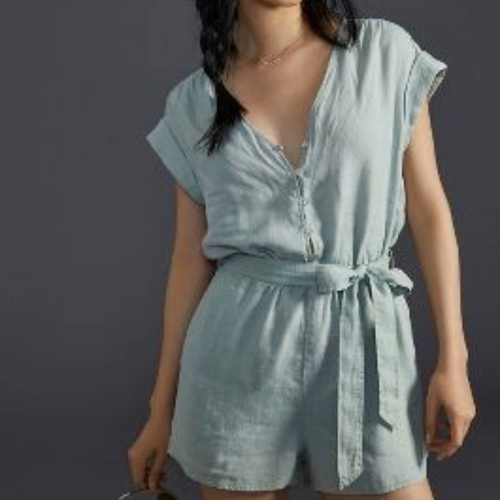 CLOTH & STONE LINEN CAP-SLEEVE ROMPER Anthropologie Large Moss